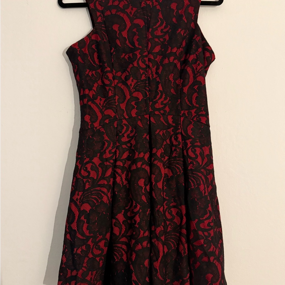 Pleated Red and Black Lace Dress